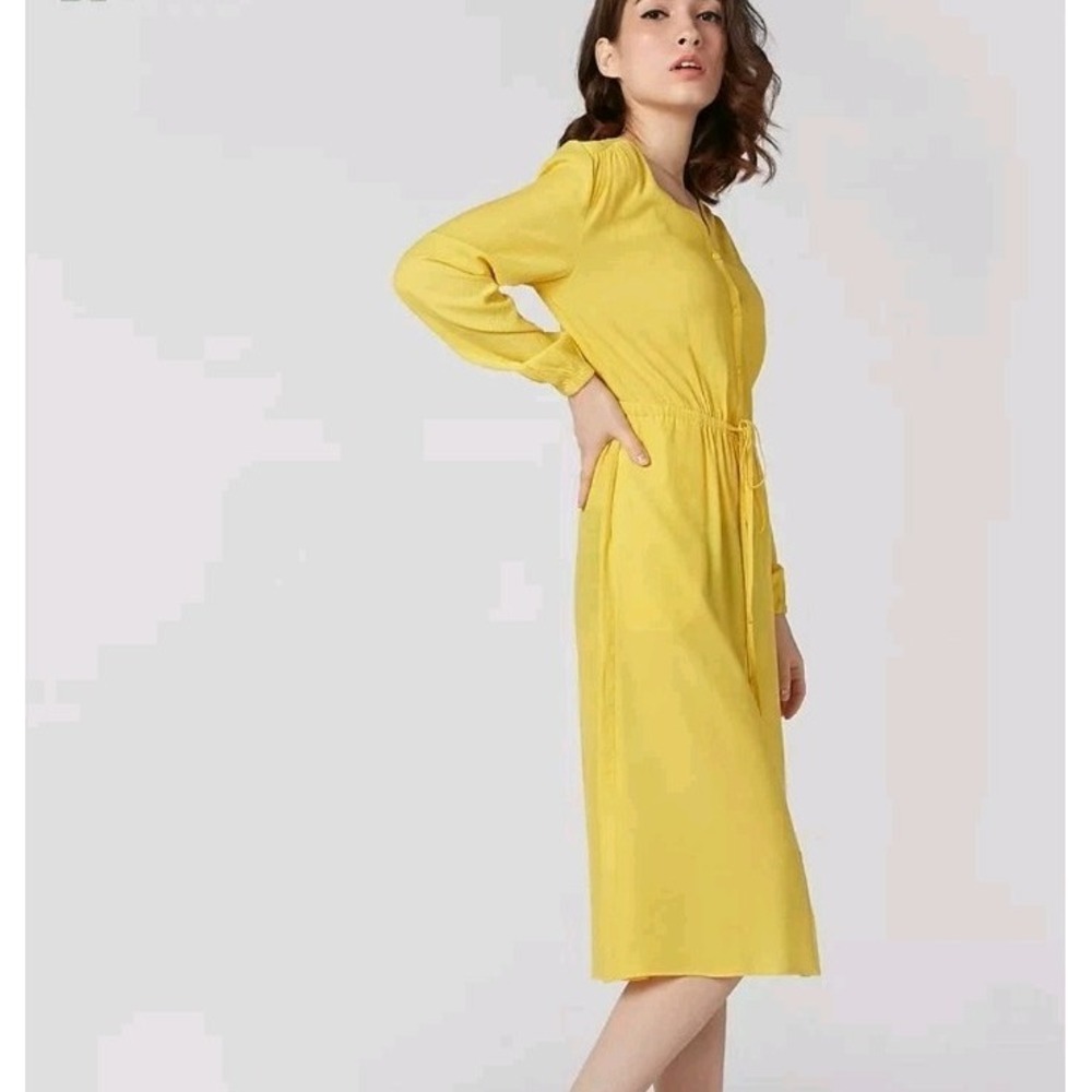 YAYA Yellow Dress Womens Small Button Front Tie Waist Long Sleeve Modest Wedding
